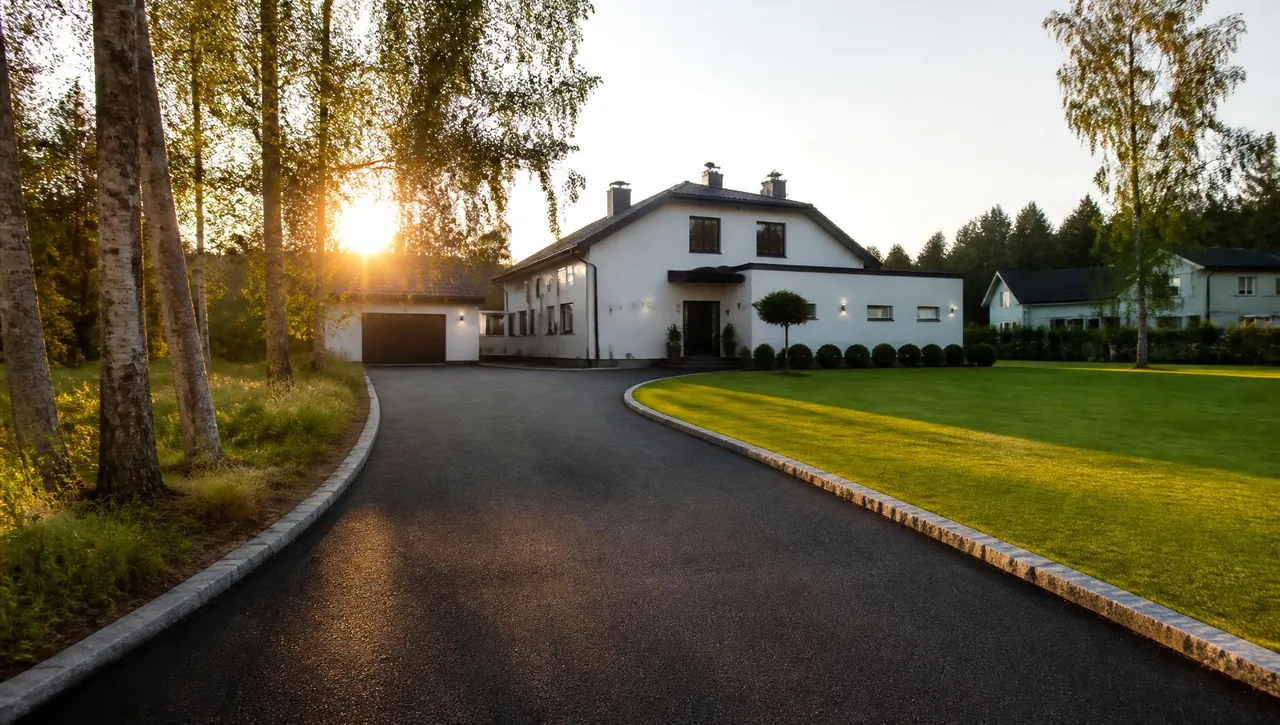 Asfalterad uppfart i skymning vid en svensk villa